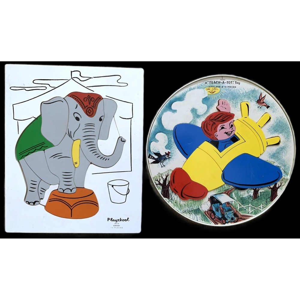 2 Vtg 1950s-60s Child's Puzzles Playskool Elephant / Magnetic Teach-Tot Airplane